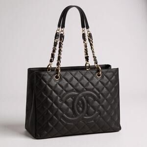 Authentic Chanel Black Quilted Caviar Leather Grand Shopping Tote Gold Hardware